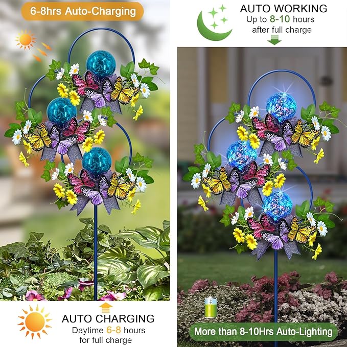 Solar Lights Outdoor Pathway,Triple Butterfly Flower Garden Stake with Colorful Lights for Yard,Patio,Lawn,Solar Powered Outside Decorations,Gifts for Women