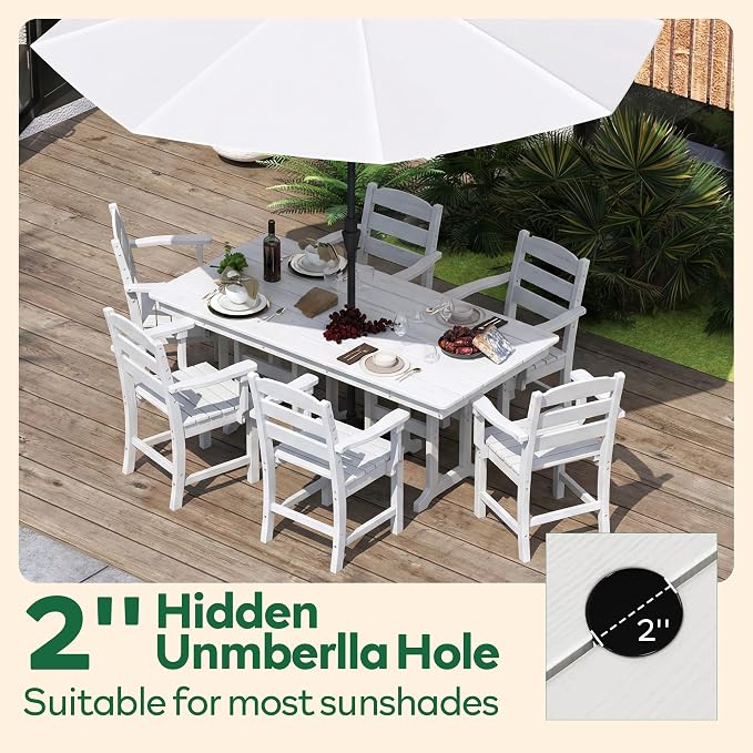 HOPUBUY 5 Pieces Patio Dining Set for 4, 71" HDPE All-Weather Patio Table and Chairs Set with Umbrella Hole, Durable Outdoor Furniture Set for Garden, Backyard, Lawn & Poolside (White)