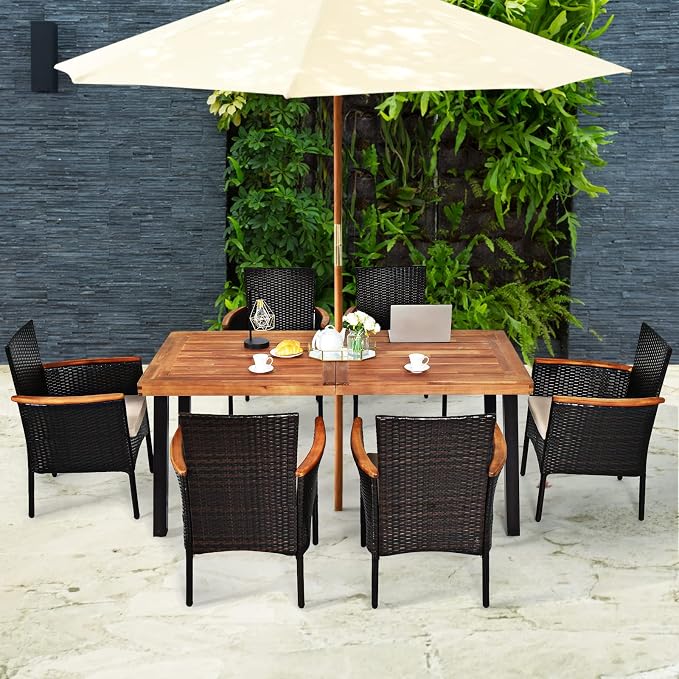Tangkula 7 Pieces Patio Dining Set, Patiojoy Outdoor Conversation Set w/Acacia Wood Top Table & 6 Stackable Rattan Chairs, Wicker Dining Furniture w/Umbrella Hole, Steel Frame, Sponge Seat Cushions