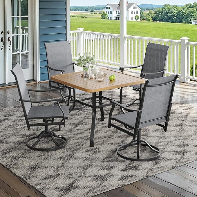 Soohow 5-Piece Outdoor Dining Set, Patio Dining Table and Chairs Set for 4, 4 x Swivel Patio Chairs and 35"x35" Dining Table with 1.57" Umbrella Hole, Wood-Like, Ideal for Poolside, Backyard, Deck