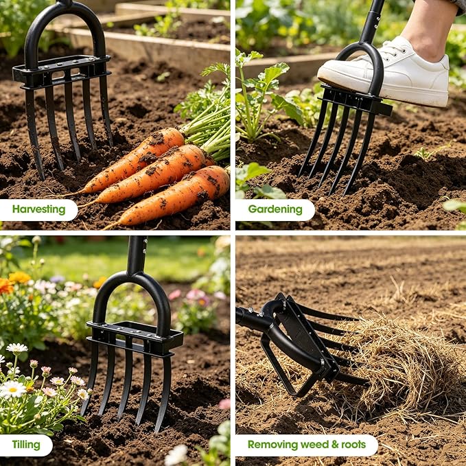 Broad Fork Garden Tool, 55" Heavy Duty 4 Sharp Tines BroadFork Hand Tiller Garden Pitchfork with Ergonomic Handles for Spading Digging Fork Gardening Cultivating Composting and Loosening