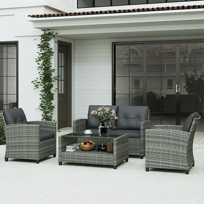 Outsunny 4 Pieces Patio Furniture Sets with Cushions, PE Rattan Wicker Conversation Chairs with Two-Tier Coffee Table for Backyard Porch Garden Poolside and Deck, Gray