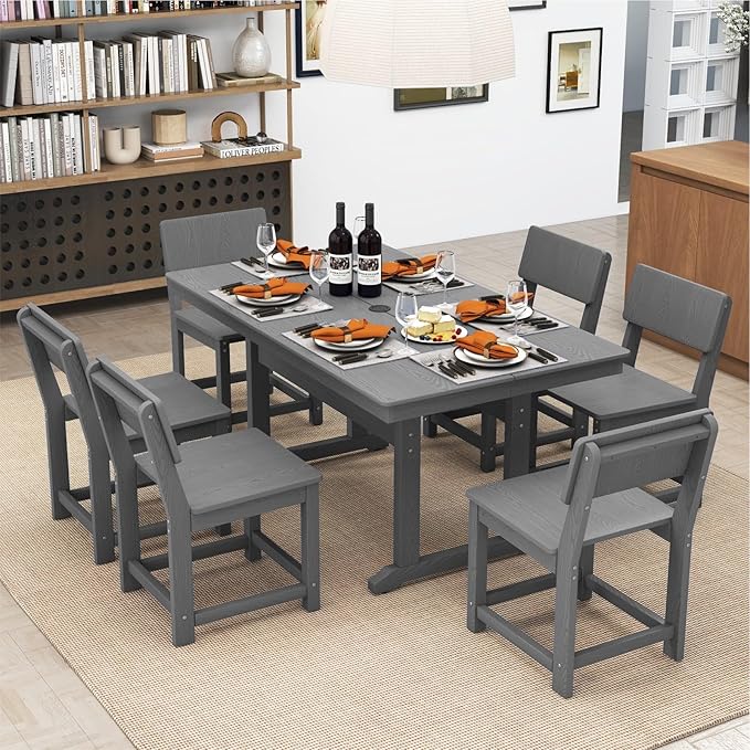 7-Piece HDPE Outdoor Patio Dining Set,Modern Plastic Dining Sets，Patio Table and Chairs Set with Umbrella Hole Cut-Out Table and 6 Chairs Gray