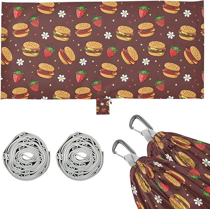 Camping Hammock Outdoor Hammocks for Outside Strawberry Hamburgers Beach Trees Portable Lightweight with Pockets Tree Straps Indoor Small