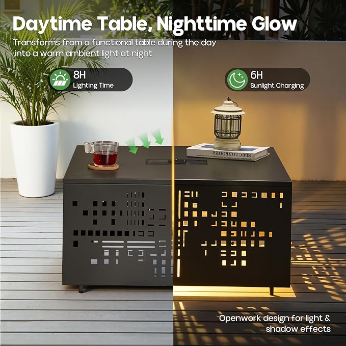 27" Outdoor Coffee Table with Solar Ambient Light & Umbrella Hole, All-Weather Rust-Resistant Metal Patio Table for Backyard Gatherings, Poolside, Small Balconies & Outdoor Living Spaces, Black