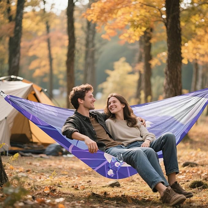 Cartoon Purple Morning Glory Flowers Birds 330lb Capacity Hammocks for Camping with Portabl Carry Bag Hanging Hammock for Patio Backyard Lounge Base jamaca para Patio