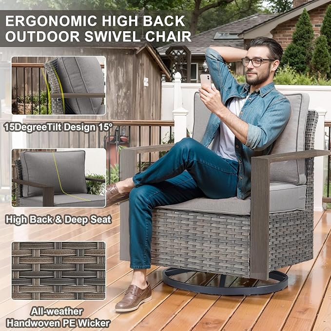 Belord Outdoor Swivel Rocker Chairs with Metal Wide Armrests, Patio Wicker Swivel Chairs Set of 2, Patio Furniture Set with Swivel Glider Chairs for Porch Deck Sunroom Backyard