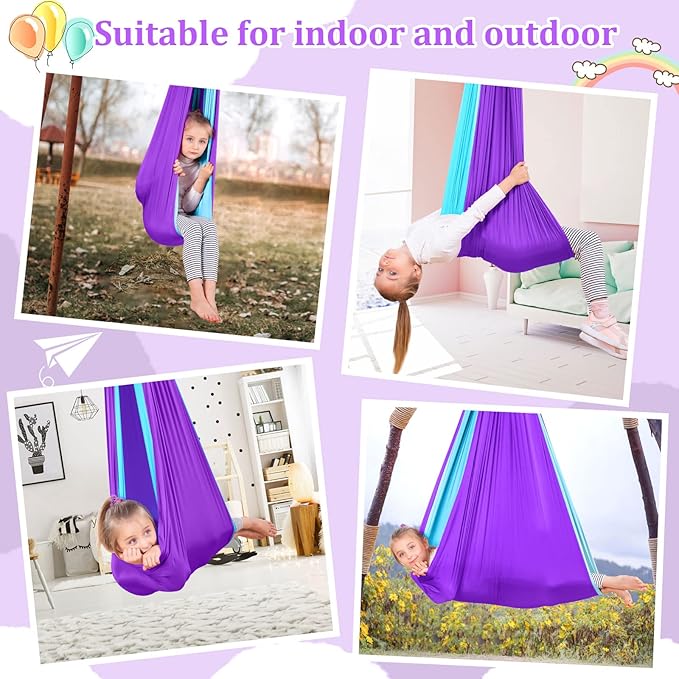 Yoga Swing for Kids Hammock Children Hangin Indoor Outdoor Autism Aspergers,ADHD Kids Hangin Therapy Swing 90inch x 59inch (Hardware Included) Deep Purple and Sky Blue