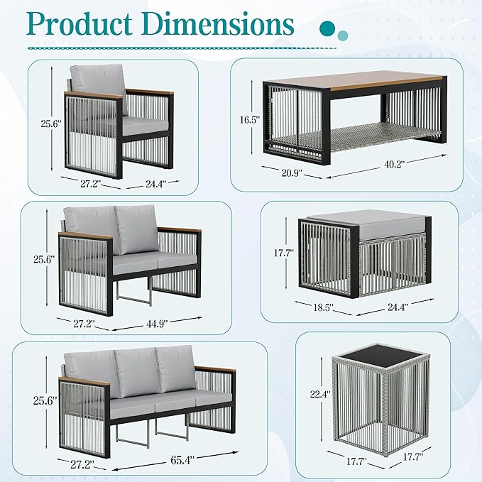 HOMREST 5 Pieces Patio Set,7 Seats Outdoor Furniture Sets,Modern Chair Conversation Sets with Coffee Table,Love Seat,3-Seat Sofa for Deck Poolside Yard(Grey)