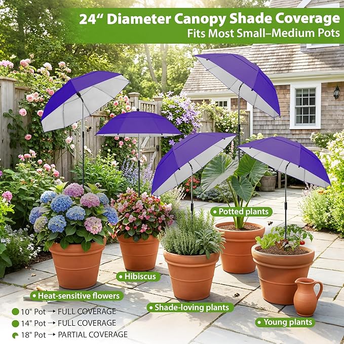 Plant Umbrellas, 5Pack 360°Adjustable Garden Umbrella for Outdoor Plants,24” Large Sun Shade for Garden Beds Potted Plants, 47.8" High Plant Shade Cover Umbrellas for Sun-Sensitive Plants