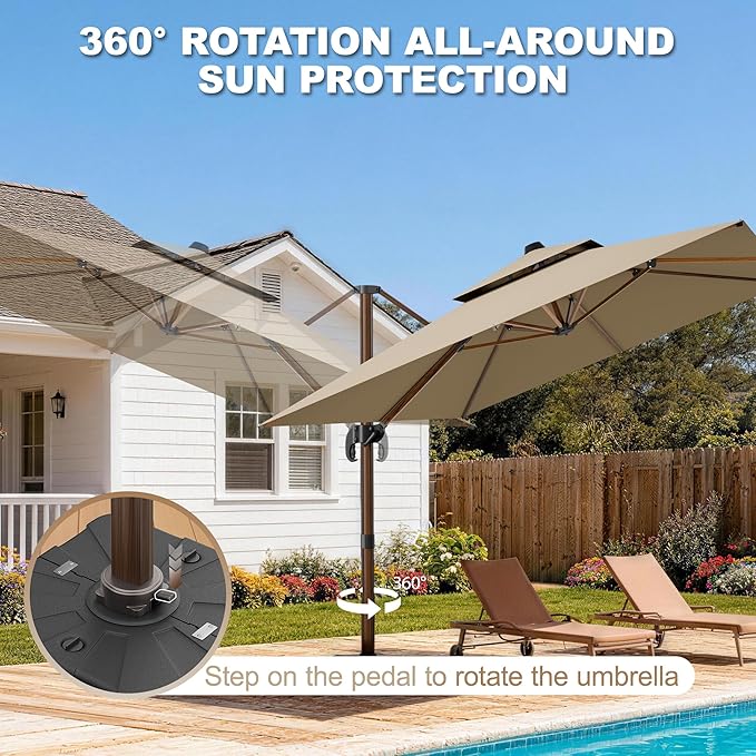 10x13FT Cantilever Outdoor Patio Umbrellas with Base, Double Top Wood Pattern Rectangle Umbrella, Heavy Duty 360°Rotation Offset Umbrella for Garden Deck Pool Patio, Brown