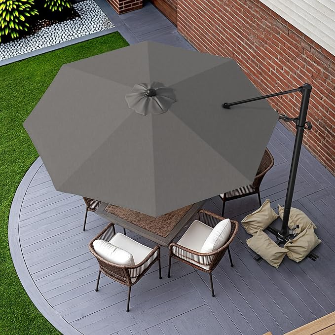 Greesum 10FT Outdoor Patio Umbrella with High Pedel and 4 Gear Heights, Large Offset Market Umbrella with 360-degree Rotation, Without Base, Hanging Outdoor Shade for Garden, Lawn, Pool, Gray