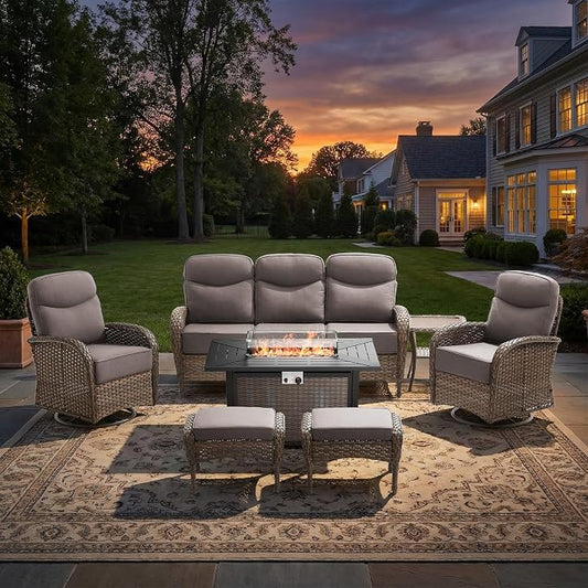 Luxury Patio Furniture Set with Fire Pit Table, Outdoor Furniture Set with High Back Swivel Chairs & 6-inch Thick Cushions, 7 PCS Fire Pit Patio Set for Yard, Deck, Poolside, Brown/Grey
