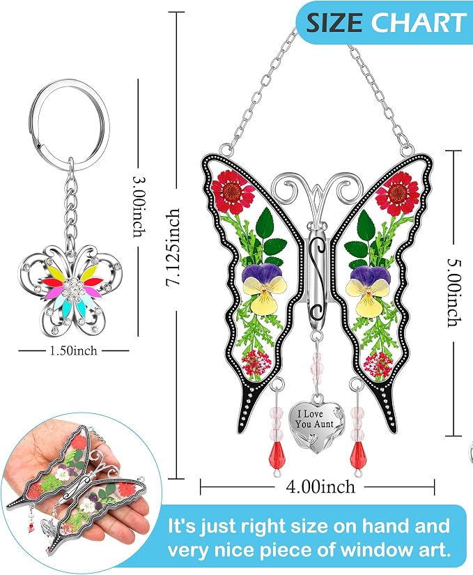 KY&BOSAM Gifts for Aunt Butterfly Suncatcher Stained Glass Windows Hanging | Keychain for Wind Chime,I Love You Aunt Charm,Pressed Real Flowers,Glass,Gifts for Aunt Birthday Mothers Day Christmas
