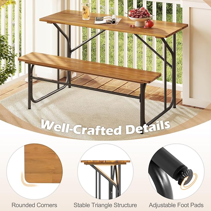 Tangkula Patio Dining Bench Set for 4, Heavy-Duty Outdoor Acacia Wood Dining Furniture with Metal Legs for Balcony, Backyard, Poolside, Garden (2,52” x 32” x 29.5”)