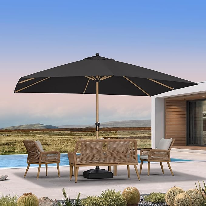 PURPLE LEAF 9' x 12' Patio Umbrella with Base Outdoor Umbrella Market Umbrella with Crank & 8 Ribs Aluminum Rectangular Table Umbrella Outdoor Patio for Backyard, Black