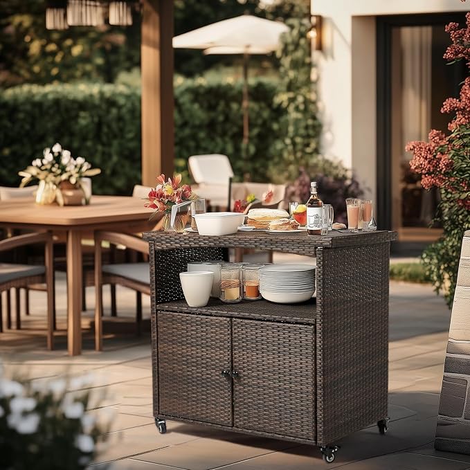 Outvita Patio Bar Table, Weatherproof Buffet Cabinet Wicker Outdoor Storage Cart with 2 Doors & Shelves Wooden Tabletop for Tableware Wine Bottle and Glass, Towels, and Potting Supplies
