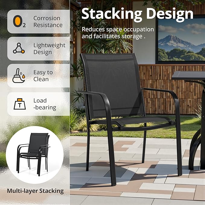 Crownland 5 Piece Patio Dining Set, Textilene Dining Sets, 4 Textilene Metal Chairs and Square Outdoor Dining Table with Khaki 9FT Round Outdoor Umbrella (Black)