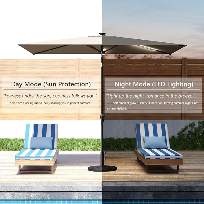 C-Hopetree Rectangular Outdoor Patio Market Umbrella with Solar LED Lights 6.5 x 10 ft