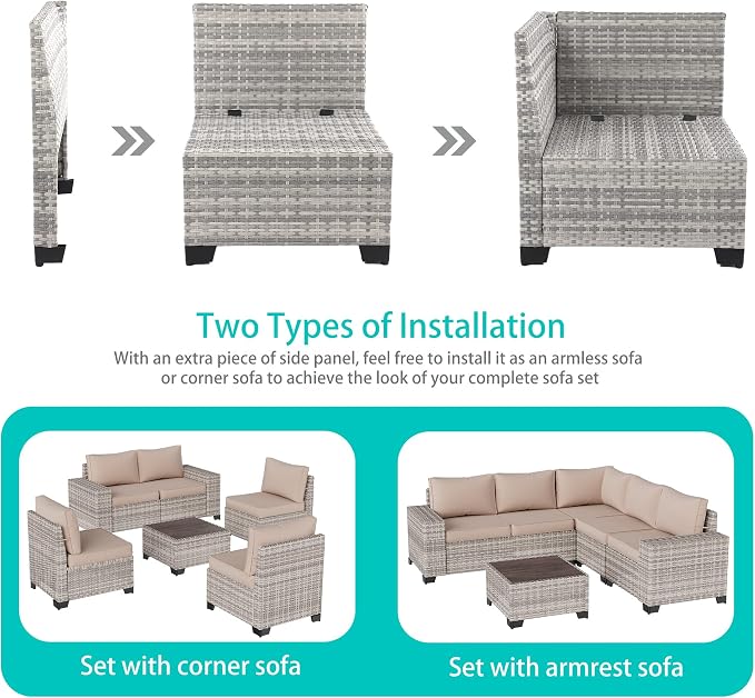 8-Piece Outdoor Patio Furniture Set Wicker Sectional Sofa Set with Ottomans, Patio Conversation Set with Thickened Cushions & Coffee Table for Garden, Backyard, Poolside, Beige