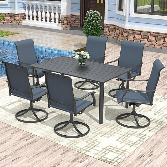 Anmutig 7 PCS Patio Dining Set, Rectangle Metal Table with 1.57" Umbrella Hole and 6 High Back Textilene Swivel Chairs, Suitable for All Weather