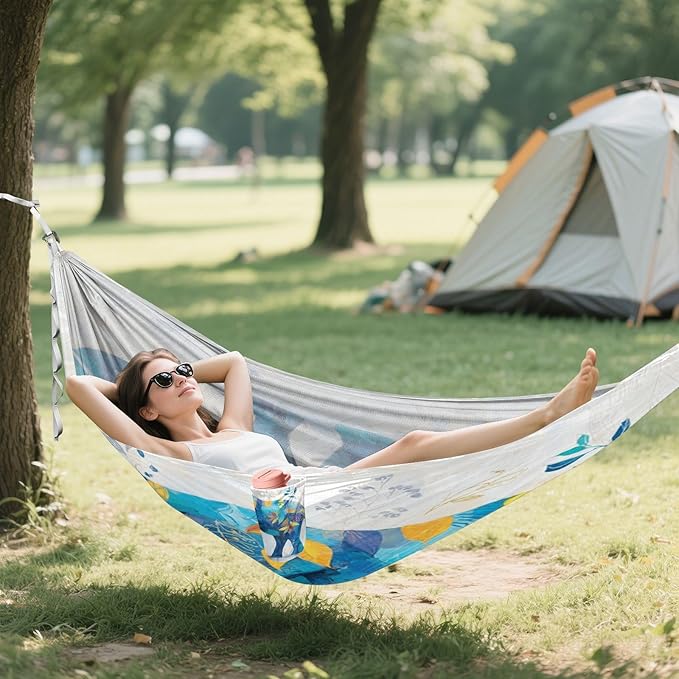Floral Elephant White Camping Rope Hammocks Portable Swing 330 lbs Capacity for Outside Indoor Patio Backyard