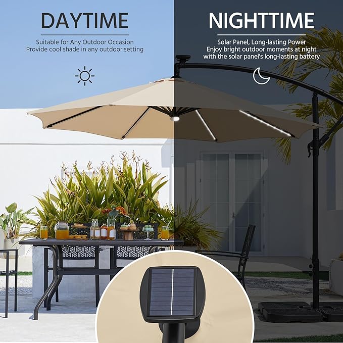 Yaheetech 10 FT Solar Powered LED Patio Umbrella Outdoor Cantilever Umbrella, UV Protection & Windproof, Offset Hanging Sunshade w/Strip Lights & Hub Light for Backyard Garden Pool