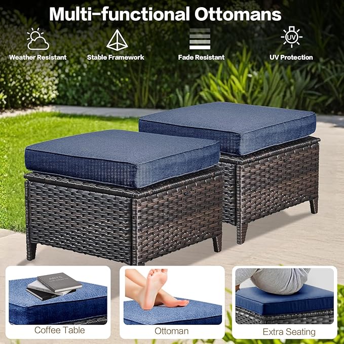 7 Pieces Outdoor Patio Furniture Conversation Set Rattan Wicker with Fire Pit Table, 3 Seat Sofa, 2 Swivel Rocker Chairs, 2 Ottomans and 1 Side Table for Yard Backyard BNB (Brown/Navy Blue)