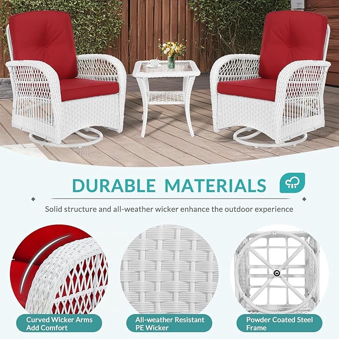 MEETWARM 5 Pieces Outdoor Patio Rattan Furniture Sets, All Weather Patio Wicker Conversation Set - 2 Rocking Swivel Chairs 1 Rattan Loveseat Glider with Cushions, 2 Coffee Table, White Wicker/Red