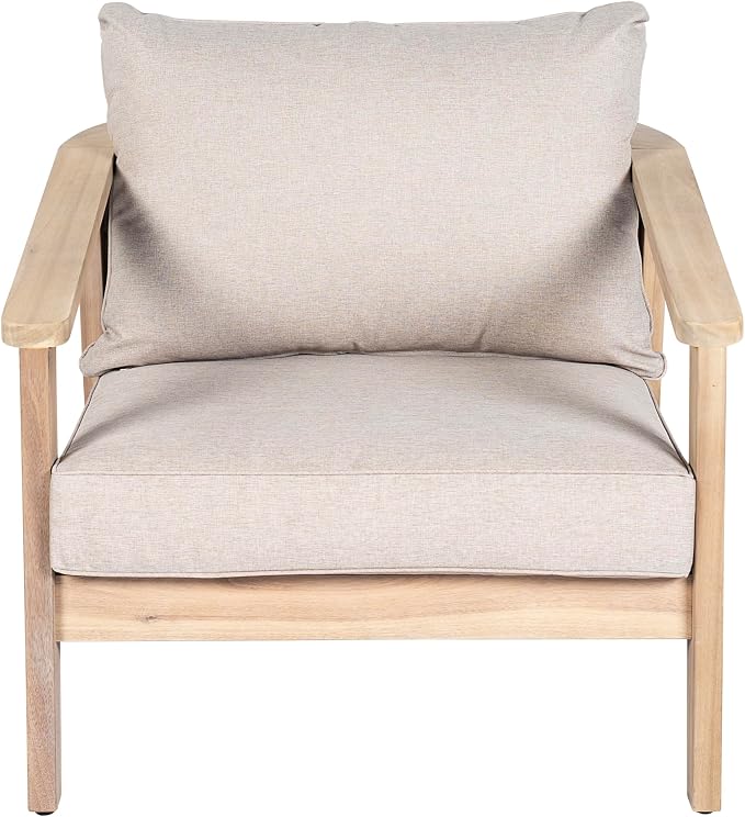 Merax 1 Piece Outdoor Acacia Wood and Wicker Club Chair, Light White Finish with Beige Cushion, Patio Garden Armchair