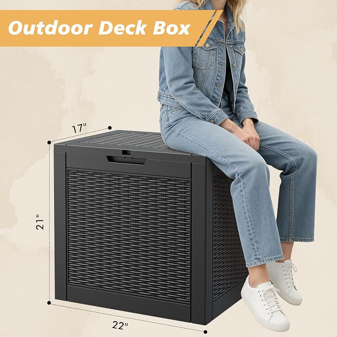 Fancyango 32 Gallon Outdoor Deck Box Waterproof, Storage Box for Patio, Resin Storage Bench Lockable for Garden Tools, Package Delivery, Black