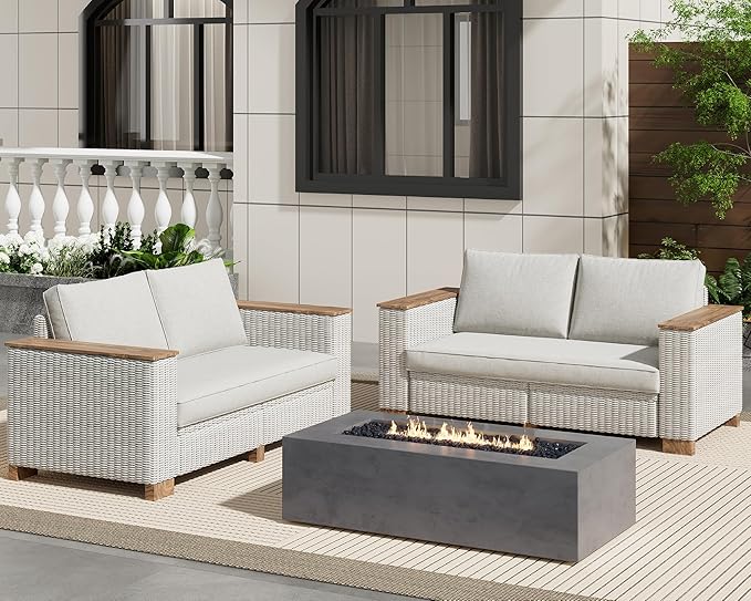 PaPaJet 4 Piece Outdoor Patio Furniture Set, Rattan Wicker Sofa Set, Patio Conversation Sets with Washable Cushions for Lawn Backyard Garden, Beige(63" x2)