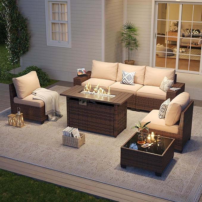 Aoxun Outdoor Patio Furniture Set with 44'' Fire Pit Table, 7 Pcs Outdoor Patio Furniture Sets with 4in Thicken Cushion, Widen Armrests Wicker Outdoor Sectional for Backyard (Waterproof Cover Include)