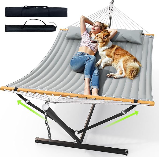 Double Hammock with Stand, Heavy Duty Outdoor Hammock for Two, 500 LBS Capacity, Stable Steel Frame with Balance Strap, Easy Tool-Free Assembly for Patio, Garden, Backyard & Beach,Dark Grey