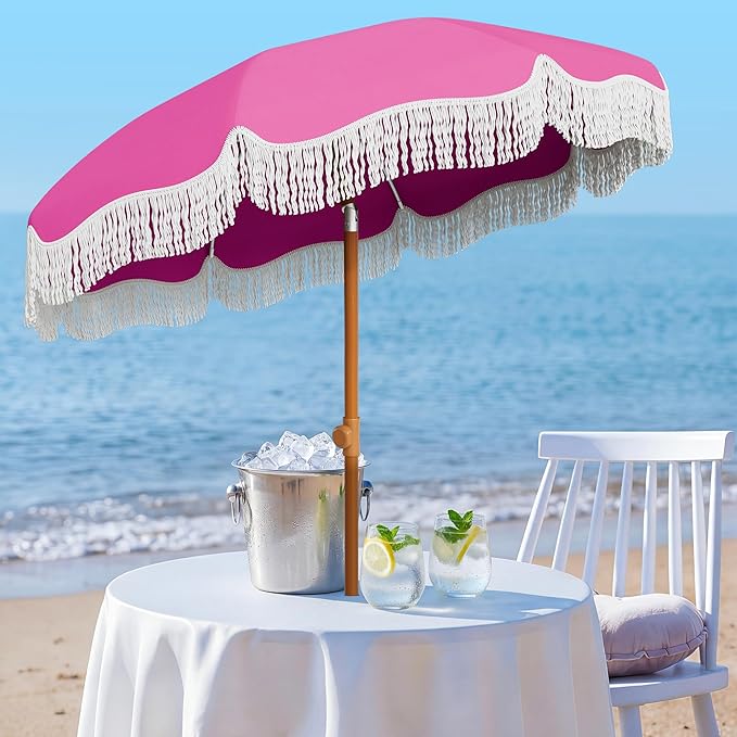 AreShark 7ft Patio Umbrella with Fringe, UPF50+ Beach Umbrella for Table, Pool & Garden, Portable Outdoor Tassels Umbrella w/Fiberglass Ribs&Push Bottom Tilt(Light Pink)