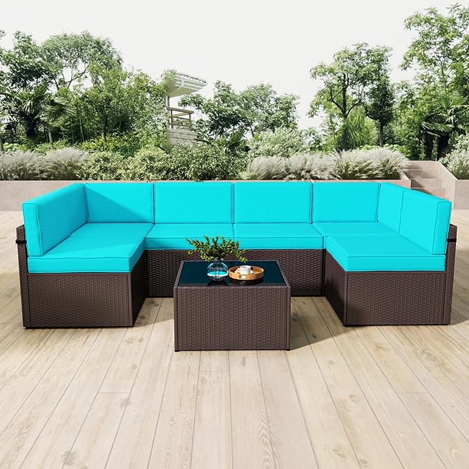 kinbor 7 Pieces Modular Patio Conversation Set - Outdoor Sectional Sofas with All-Weather Wicker, Thick Cushions & Glass Table for Garden, Backyard, Porch, Turquoise