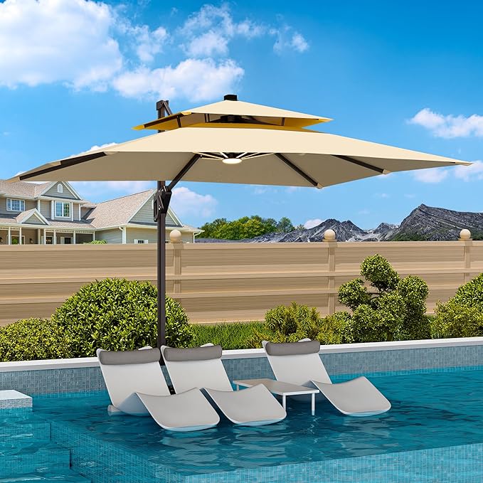 9' X 12' Cantilever Patio Umbrella with Base Included and Led Lights Double Top Rectangular Outdoor Large Offset Umbrellas with 7 Tilts Adjustable 360°Rotation for Deck Pool Garden Backyard, Beige