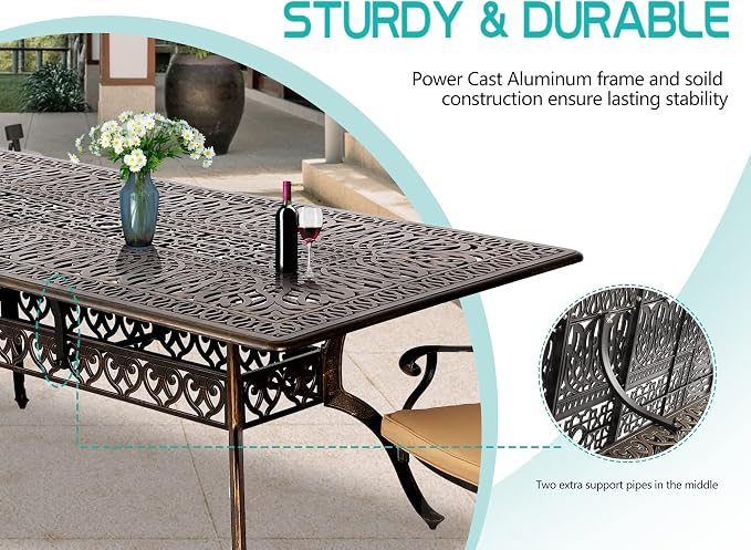 Grepatio 9 Piece Cast Aluminum Outdoor Dining Set, Patio Furniture Set with 2“ Umbrella Hole and 8 Chairs with Cushions, Patio Dining Furniture Set for Porch Poolside Garden (Khaki Grid)