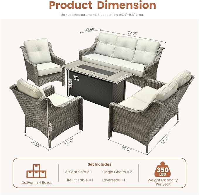 HOOOWOOO Patio Furniture Set,5 Pieces Wicker Outdoor Furniture,High Back Conversation Set with All Weather Resistant Fire Pit Table Couch Loveseat Chairs,Light Gray
