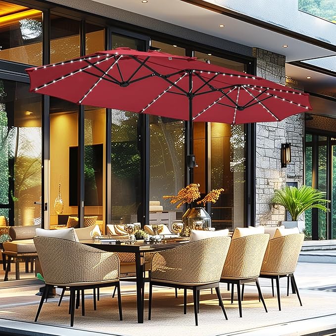 GREEN PARTY 13ft Outdoor Patio Umbrella with Solar Lights, 120 LED 12-Mode Large Double Sided Rectangular Table Umbrella, Heavy Duty Triple-Head Shade for Backyard Deck & Poolside, Burgundy(No Base)