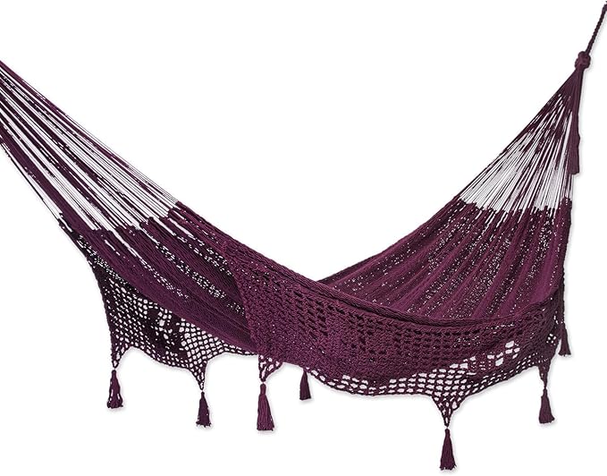 NOVICA Artisan Handmade Cotton Rope Hammock Burgundy Tasseled Triple from Mexico Solid Maya [Bed Size 83in L x 94in W Total Length 150in L Fringe 23.5in L] ' Veranda in Bordeaux' Triple