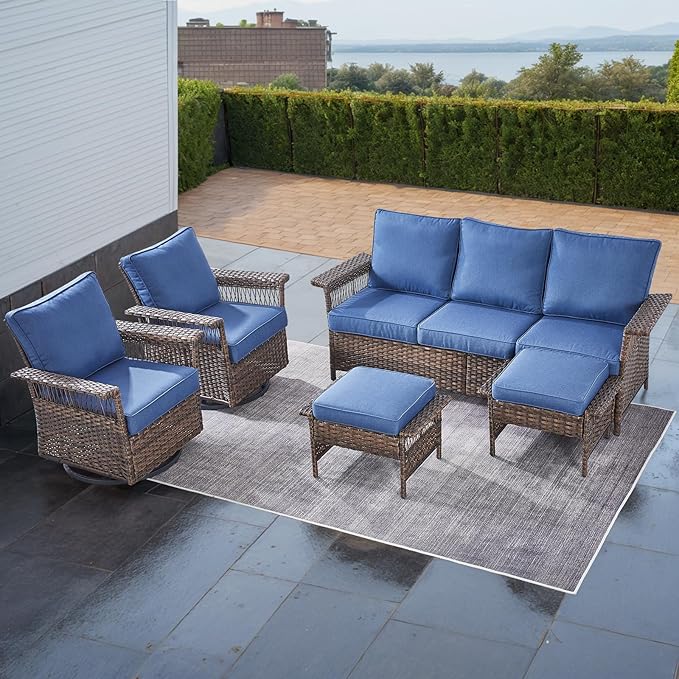 Outdoor Wicker Patio Furniture Set - 5 Piece Rattan Patio Conversation Sets with 2 Rocking Swivel Chairs,2 Ottomans and 1 Sofa for Porch Deck Garden(Brown/Blue)
