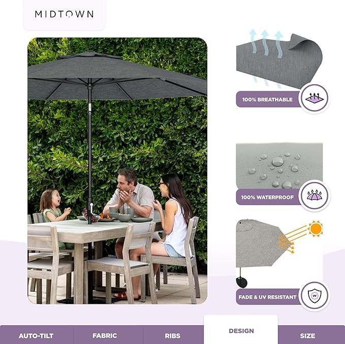 Midtown Umbrellas – The Swilt 10 Ft Patio Umbrellas with 360° Swivel & Tilt Mechanism, 8 Fiberglass Ribs & Terylast Polyester Fabric for Backyard, Deck, Pool & Cafes - Greige Canopy, Black Pole