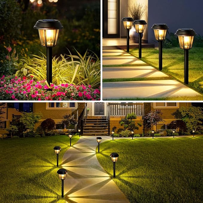 Priddop Solar Pathway Lights Outdoor 12 Pack Solar Lights Outdoor Waterproof 3000K Warm White Tungsten Filament Bulb for Yard Garden Landscape Path Driveway Lawn