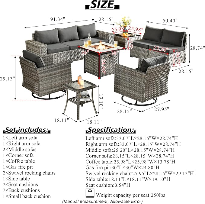 HOOOWOOO Outdoor Patio Sectional Furniture Sofa Set with Fire Pit Table,10 Piece Modern Wicker Couch with Swivel Chairs,Modular Conversation Seating Set with Widened Armrest for Garden(Black)