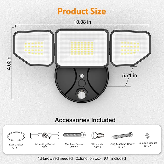 65W Dusk to Dawn Flood Lights Outdoor, 6500LM LED Outdoor Light, IP65 Waterproof, 6500K Daylight, 3 Adjustable Heads LED Security Light with Photocell for Yard Garage Porch Black