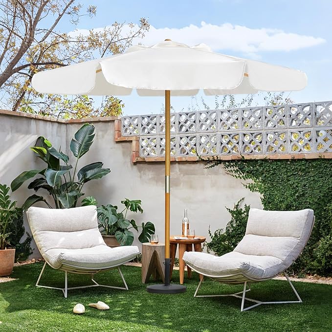 AMMSUN 8.2ft Vintage Wood Outdoor Umbrella, with a pulley system, UPF 50+, for markets, gardens, porches, courtyards, beach terraces, cafes, taverns, dining tables, pool sides, wedding venues