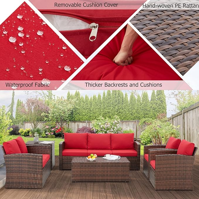 AECOJOY 7 Pieces Patio Furniture Set with Two Storage Boxes, Outdoor Wicker Sectional Sofa, All-Weather Rattan Conversation Set for Garden, Backyard, Red Cushion&Brown Rattan