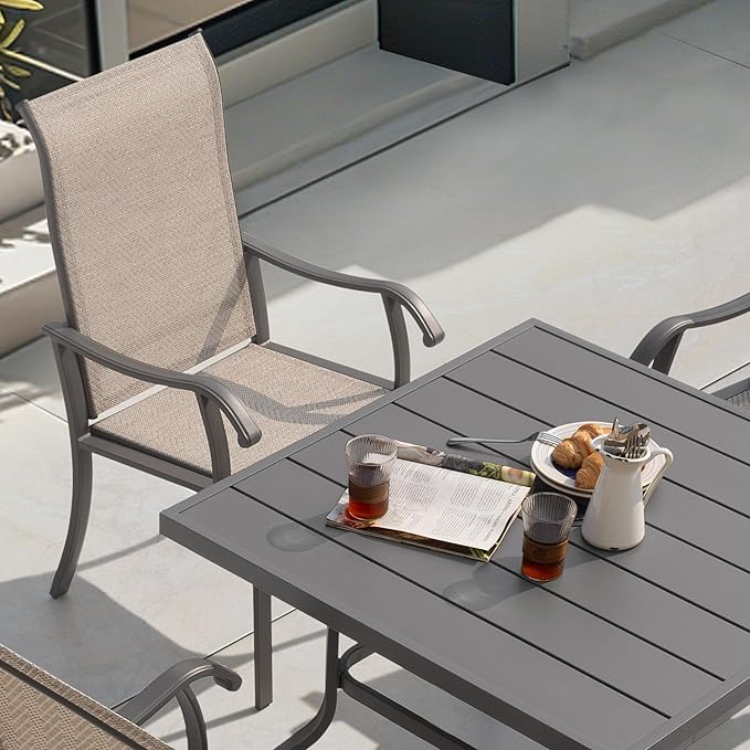 NUU GARDEN 5-Piece Outdoor Dining Set, 4 Textilene Patio Dining Chairs and 37'' Square Slatted Table with Umbrella Hole, Weather-Resistant Patio Furniture for Garden, Patio, Backyard, Beige