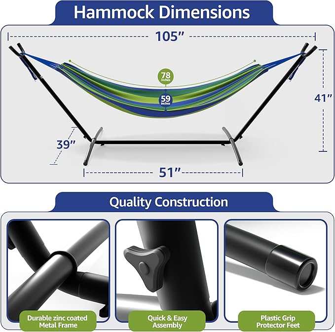Sorbus 2-Person Hammock with Stand – 60" Cotton Blend Bed, Heavy Duty 450lbs Capacity, Portable with Carrying Case – for Garden, Patio, Outdoor, Camping, Gifts – Washable